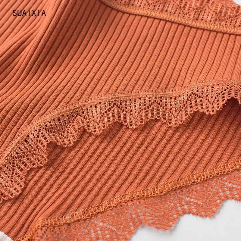 Cotton Sexy Lace Mid Waist Underwear Threaded Brief Solid Color Skin Friendly Ladies Underpant Breathable Fashion Casual Panties