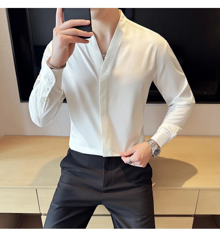 High Quality Collarless Shirts Men Fashion Slim Fit Long Sleeve Casual Shirts Business Office Social Formal Shirt Men Clothig
