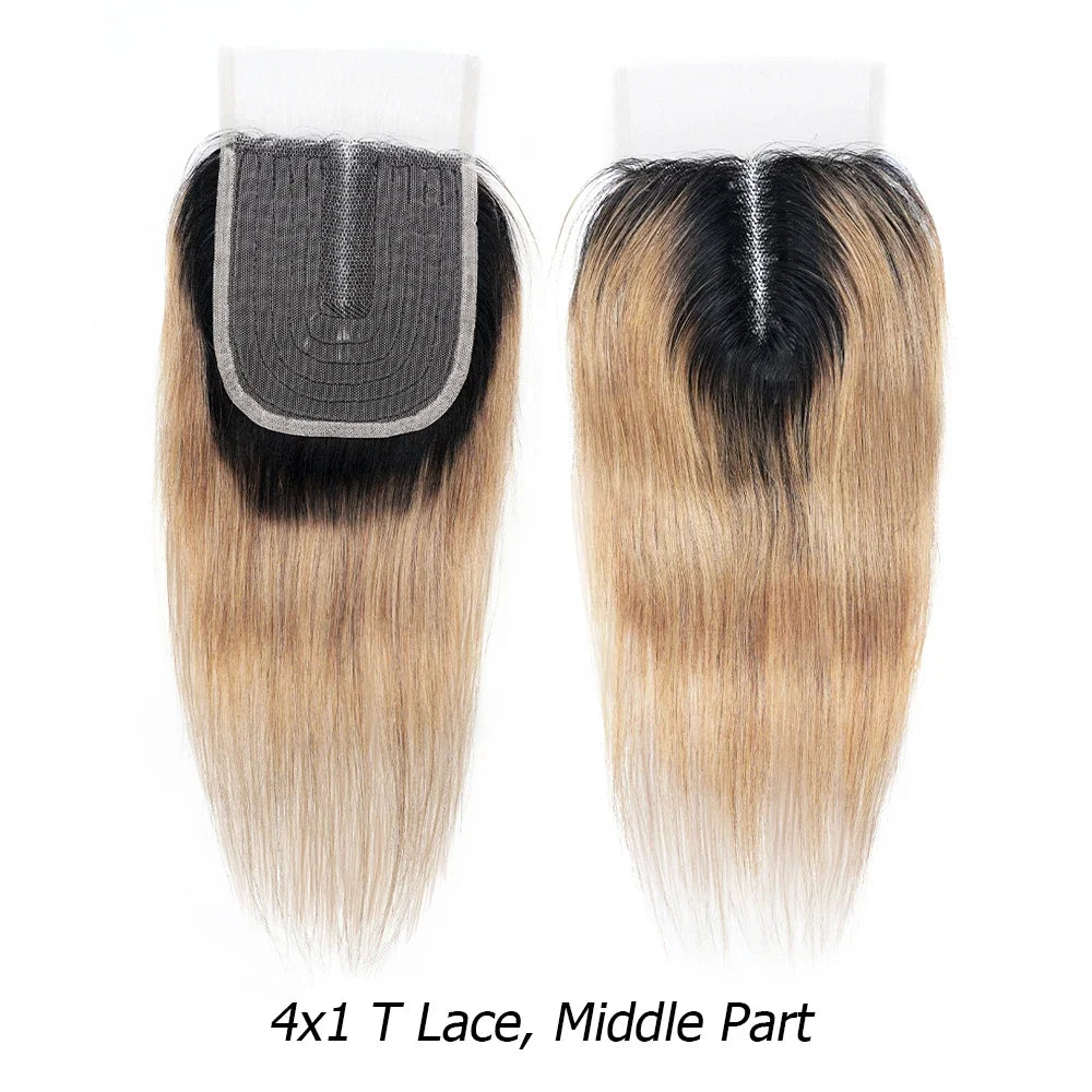 Straight 4x4 T Lace Closure Natural Black Brown Honey Blonde Indian Remy Human Hair Middle Part 10-20 inch Bobbi Collection