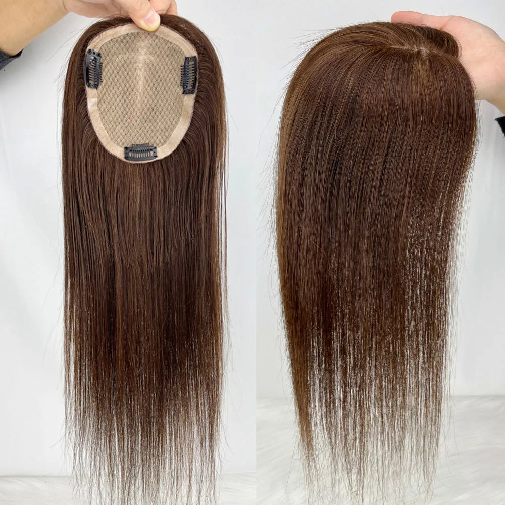 11x13cm Dark Brown Human Hair Topper Silk Base Hand Tied Silk Top Toupee Breathable Remy Hair Piece with Clips in for Women
