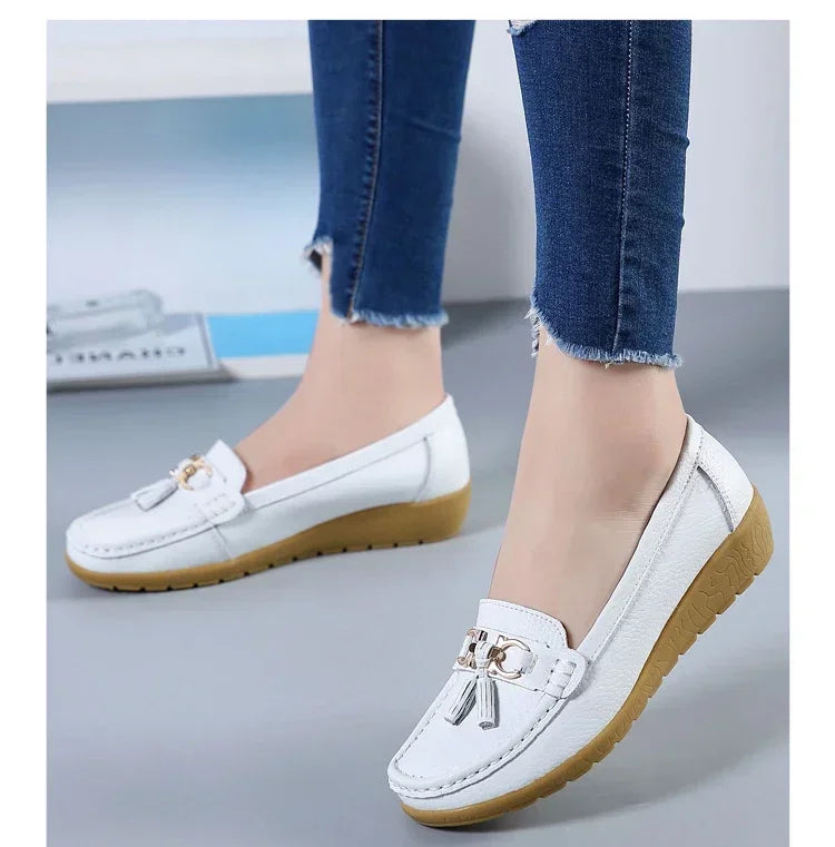 Spring Summer Breathable Casual Loafers For Women Platform Leather Comfort Wedge Moccasins Ladies Vulcanized Sneakers 44