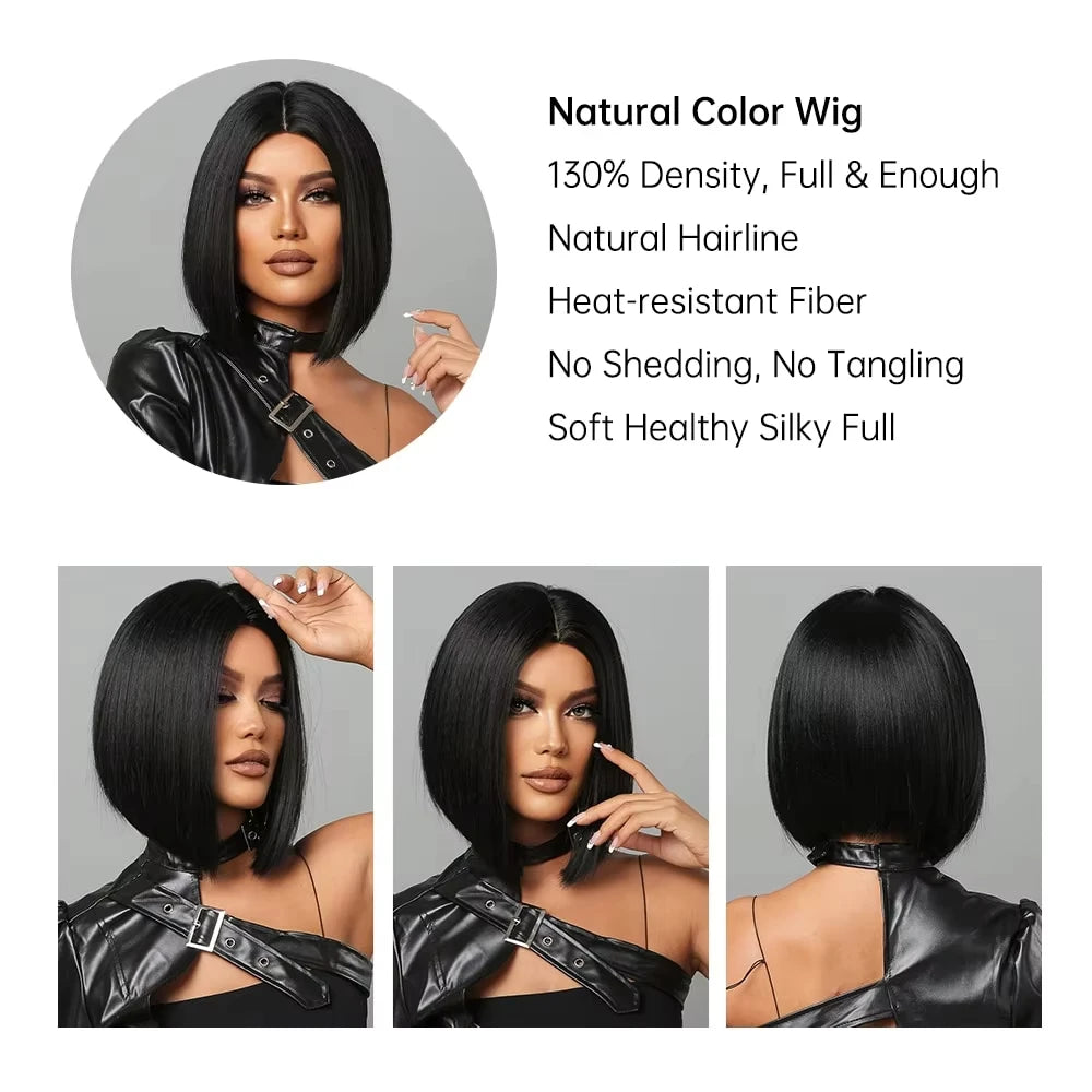 Black Bob synthetic wig women naturally split short straight hair holiday party daily wear high temperature silk wig