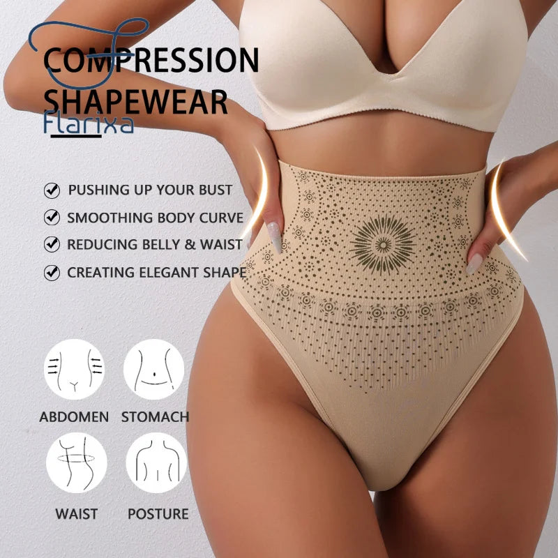 Flarixa 1/2/3Pcs Women Seamless High Rise Thongs Panties Printed Tummy Contol Panty Double Layer Shaping Underwear