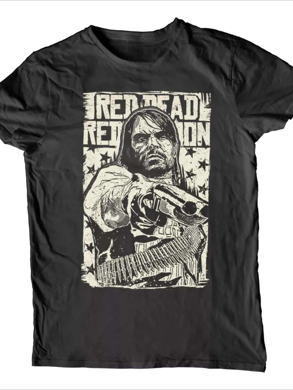 Local Red Dead Revenge Themed Black T-Shirt Western Gun Graphic Print Round Neck Short Sleeves Regular Fit Suitable for Men