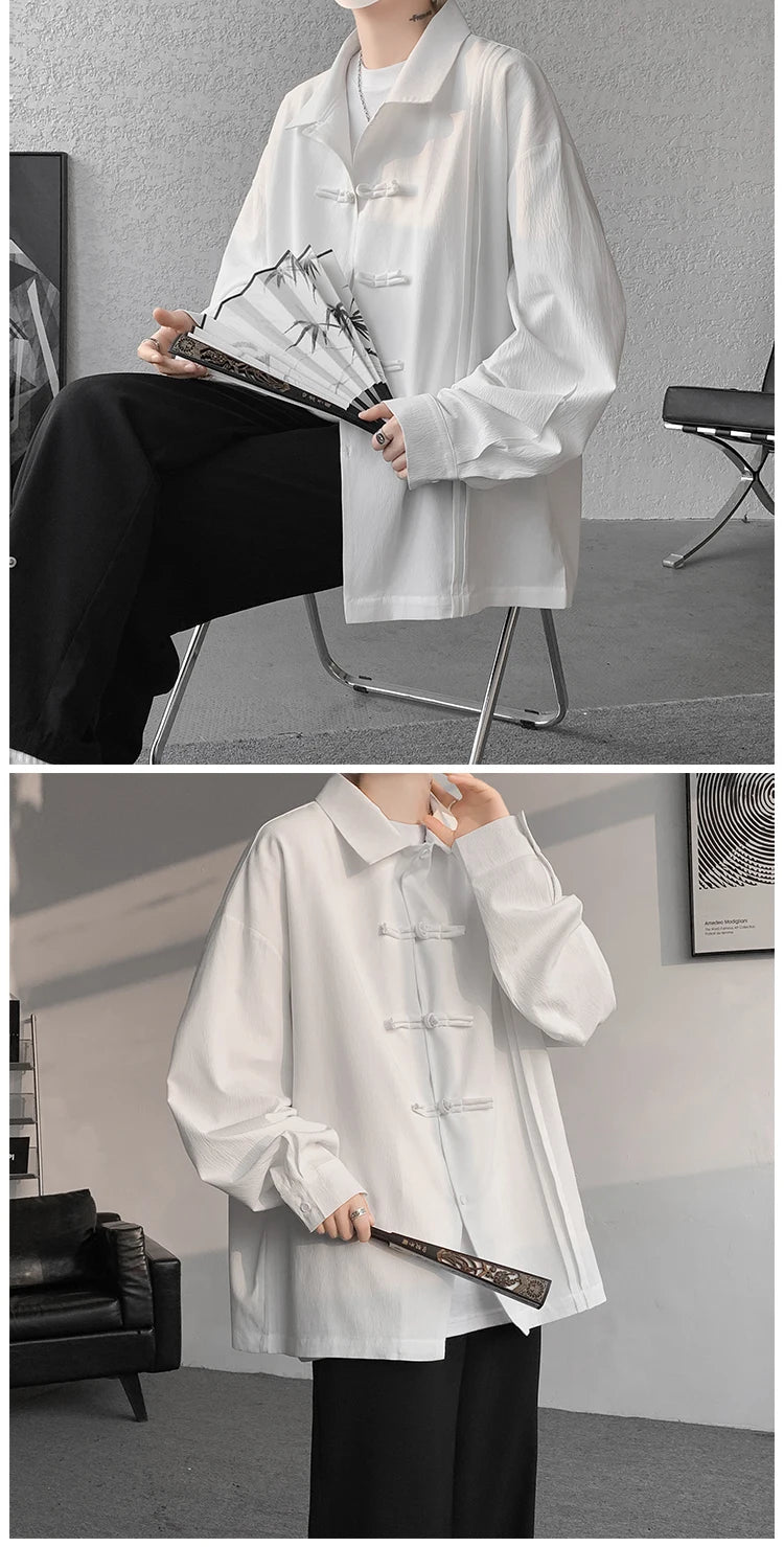 Men's Dial Buckle Solid Long Sleeve Shirt Chic Pleated Decor 2024 Spring New Loose Casual Traditional Chinese Style Clothing