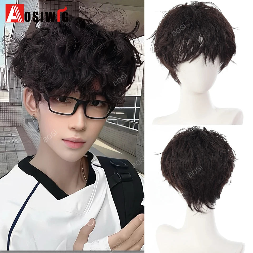 AOSIWIG  Short Curly Cosplay Men Boy Party Light Yellow Synthetic Heat Resistant Hair Wigs Men's Breathable Wig