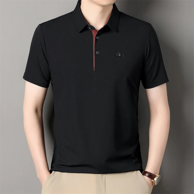 New Men's Business Casual Short Sleeved Shirt with Badge Solid Color Polo Shirt Fashionable Breathable Comfortable Versatile Top