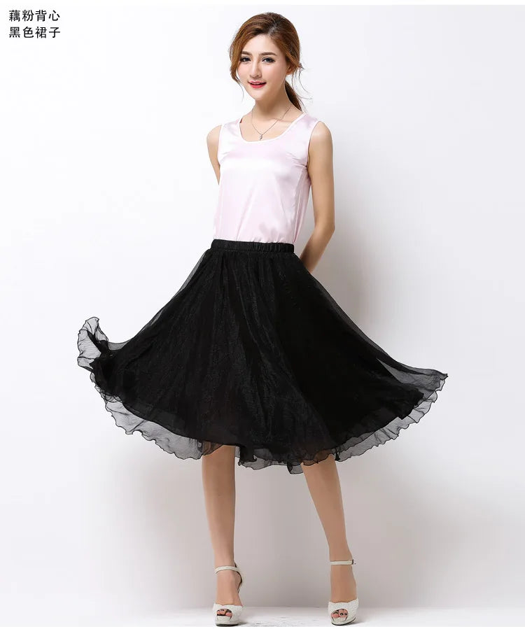 Summer Women Silk Tutu Skirts Chiffon Pleated Dance Beach Wedding Party Skirt Black White Elastic High Waist Midi Skirts