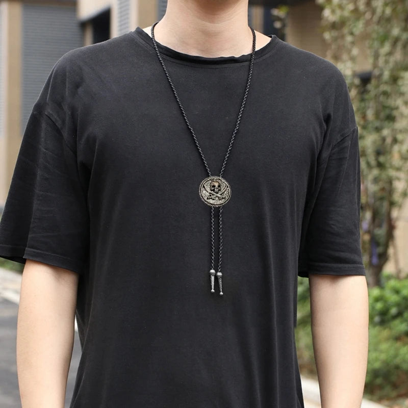 Unisex Metal Pendant Bolo Tie Western Leather Cord Adjustable Necktie Necklace