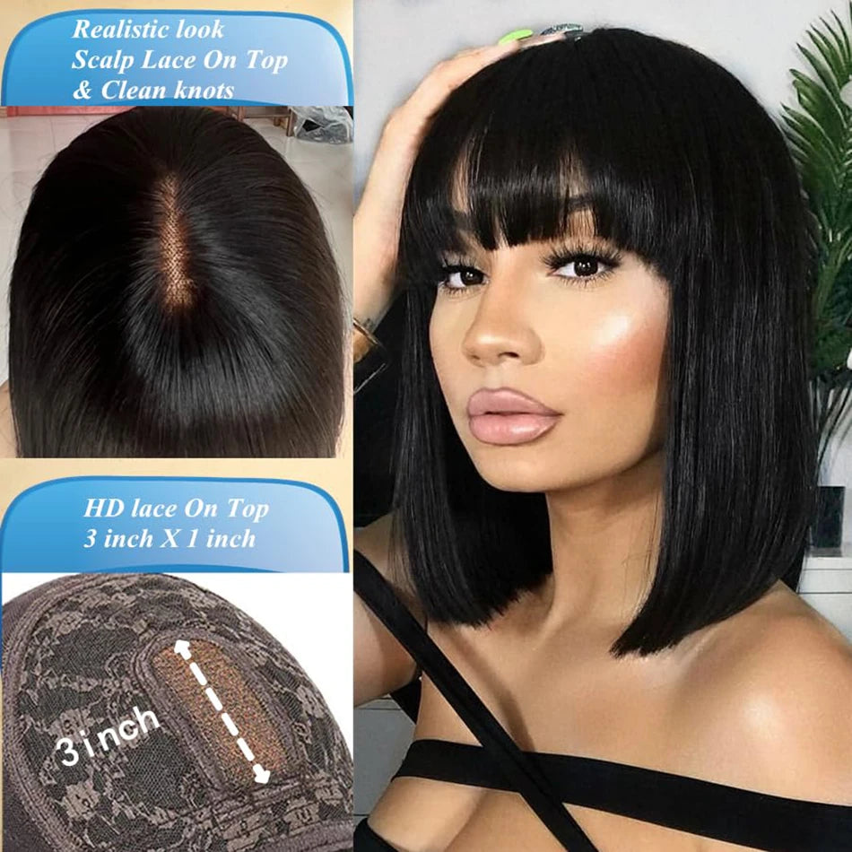 3X1 Middle Part Lace Wig Bone Straight Human Hair Wig With Bangs Brazilian 30 34 Inch Full Machine Made Straight Wig For Women