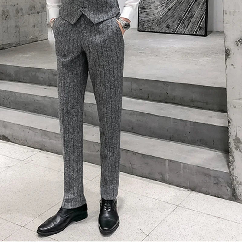 2025 New Burgundy Navy Plaid Casual Suit Pants for Men, Beige/Blue Vertical Stripe Non-Iron Slim Small Leg Work Trousers Men