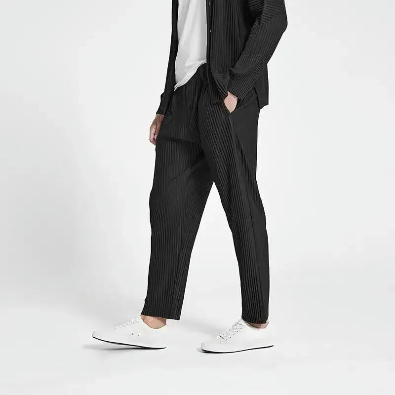 Pleats Pleated Commuter Pants Men's 2024 Autumn New Draped Elastic Trousers Casual Japanese Men Solid Color Nine Minute Pants