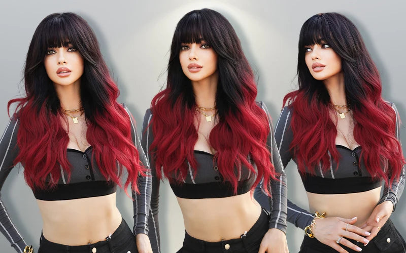 NAMM Long Wavy Ombre Black To Red Wig for Women Daily Cosplay Party Synthetic Lavender Hair Wig with Fluffy Bangs Heat Resistant