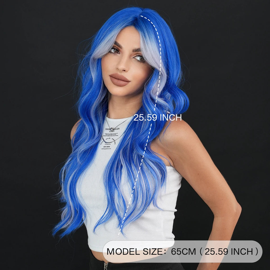 NAMM Highlight Skunk Wig Body Wave Synthetic Blue Wig for Women Daily Party Use Highlight Ash Wavy Wigs With Medium Wigs