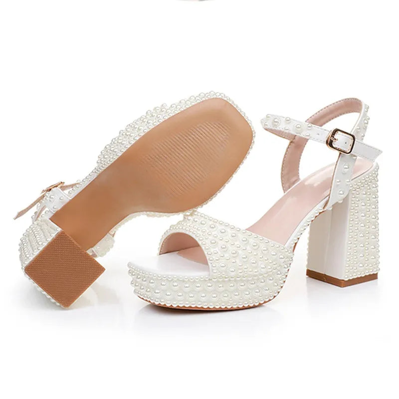 Luxury Handmade Full Pearls Thick Heeled Women Gladiator Sandals Fashion Summer Platform Wedges High heels Chunky Sandals Shoes