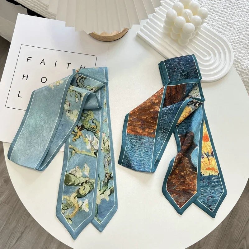 High-Grade Flower Print Long Silk Scarf Hair Band Ribbon Tied-up Hair Long Bow Vintage Satin Ribbon Hair Accessories For Women