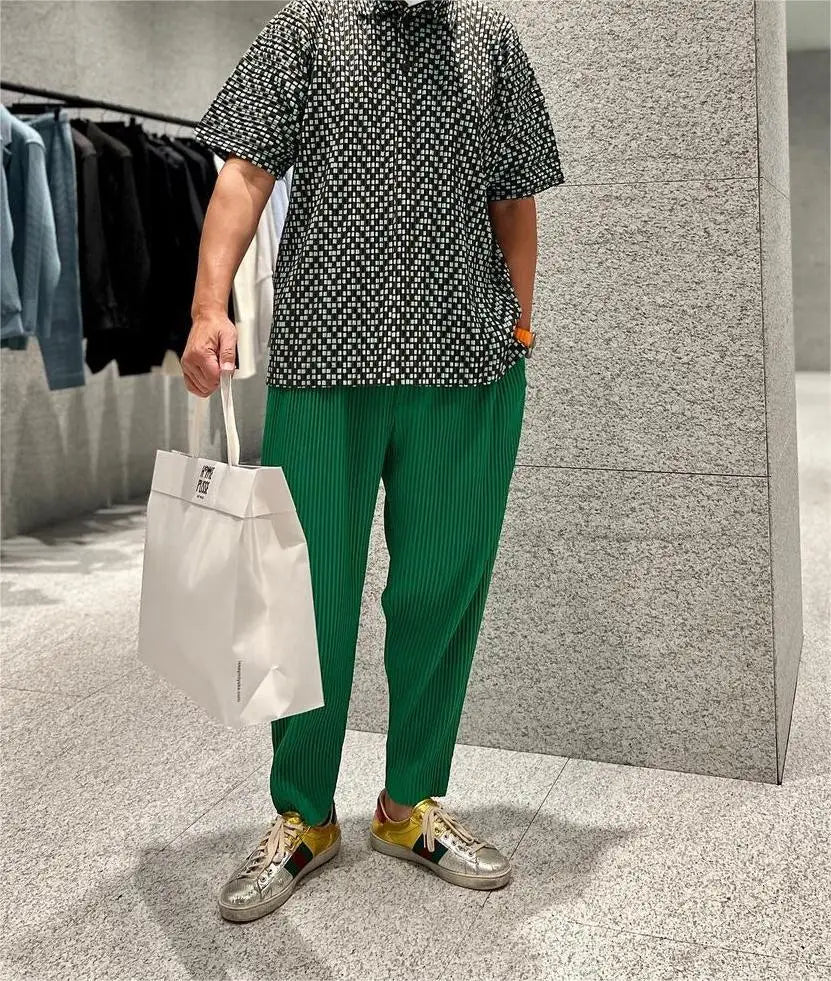 Pleats Pleated Commuter Pants Men's 2024 Autumn New Draped Elastic Trousers Casual Japanese Men Solid Color Nine Minute Pants