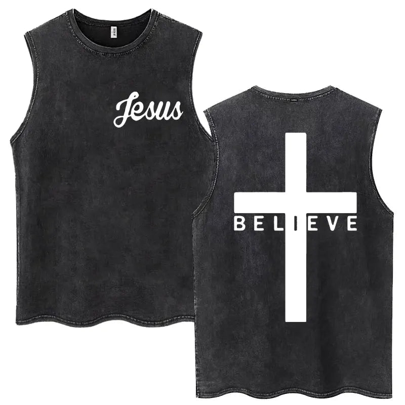 Christian Jesus Church Vintage Washed Tank Tops Bible Verse God Loves You Sleeveless T-shirt Men Women Cotton Loose Y2k T Shirts