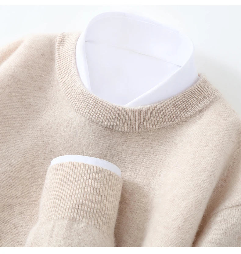 Autumn/Winter Men's 100% Pure Cashmere Pullover Business Casual Solid Knitted Sweater Loose Round Neck Tops Thick Warm Jumper