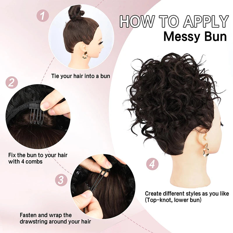 Brown Curly Hair Bun Curly Wave Drawstring Ponytail Buns Extensions for Women Heat Resistant Synthetic Updo Chignon False Hair