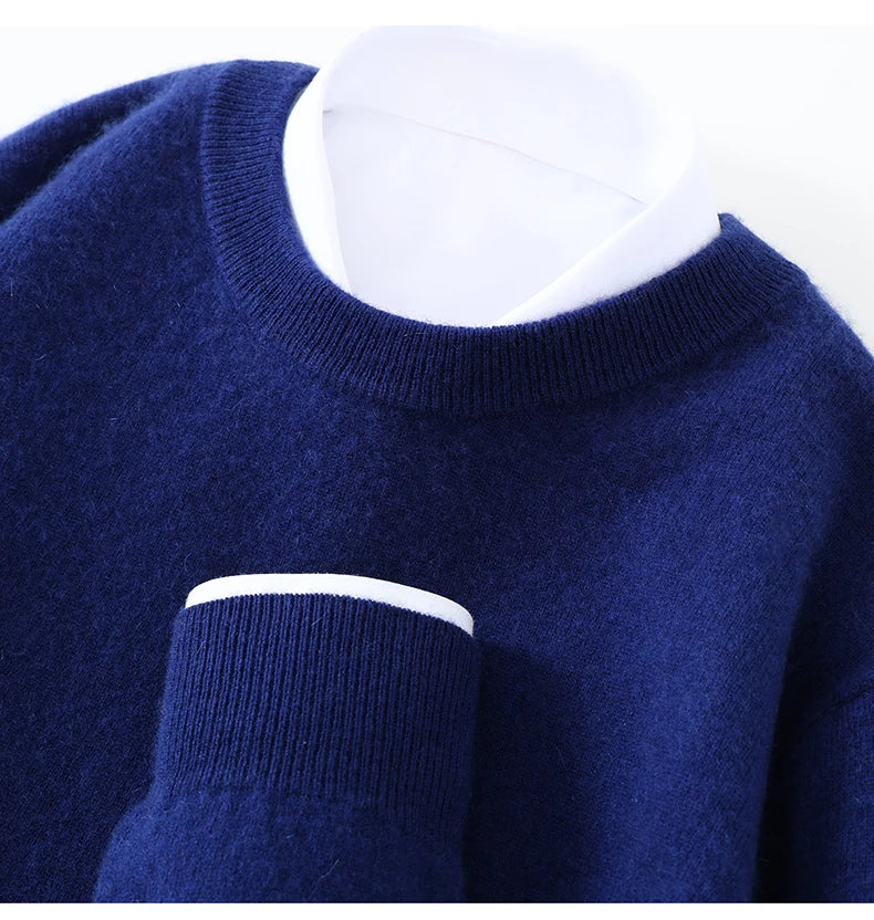 Autumn/Winter Men's 100% Pure Cashmere Pullover Business Casual Solid Knitted Sweater Loose Round Neck Tops Thick Warm Jumper