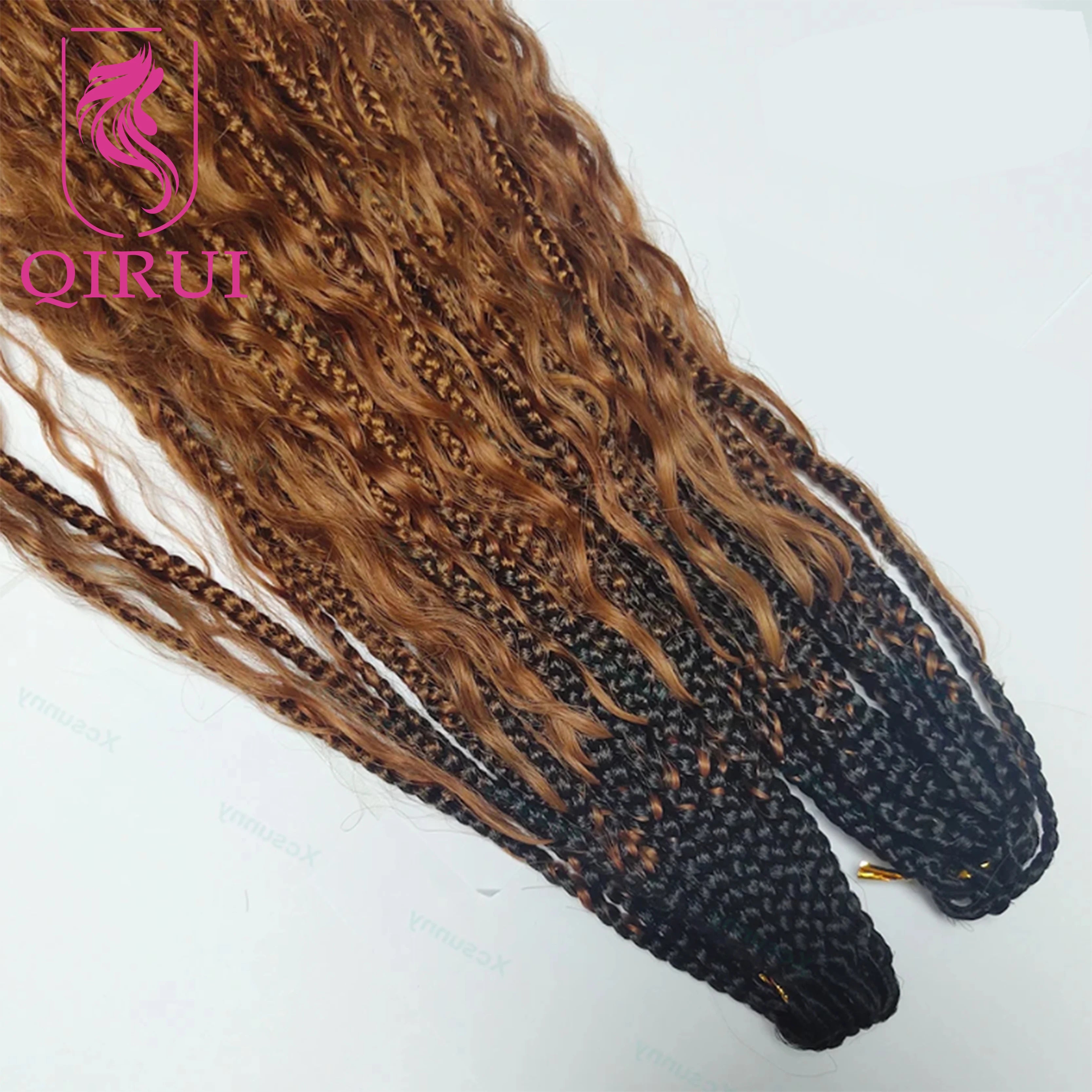 Ombre Brown #1B/30 Boho Crochet Box Braids with Human Hair Curls Deep Wave Pre Looped Box Braids Full Ends Hair Extensions