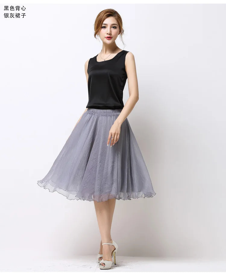 Summer Women Silk Tutu Skirts Chiffon Pleated Dance Beach Wedding Party Skirt Black White Elastic High Waist Midi Skirts