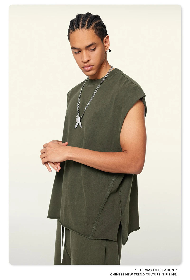 ZODF Vintage 2024 Washed 270gsm Cotton Tank Tops For Men Unisex Summer Relax Fit Slit Sleeveless Vest Streetwears HY0777