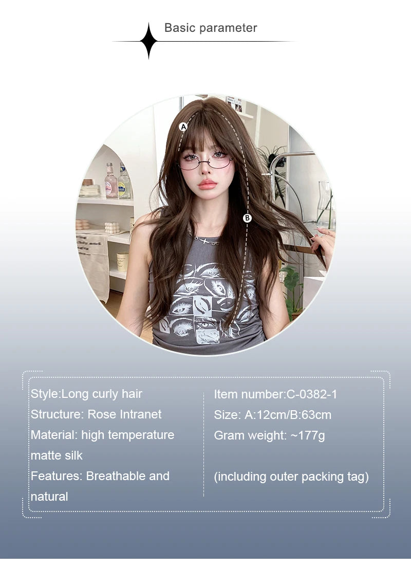 7JHH WIGS Loose Body Wavy Brown Hair Wigs with Neat Bangs High Density Synthetic Fashion Wave Wig for Women Natural Looking