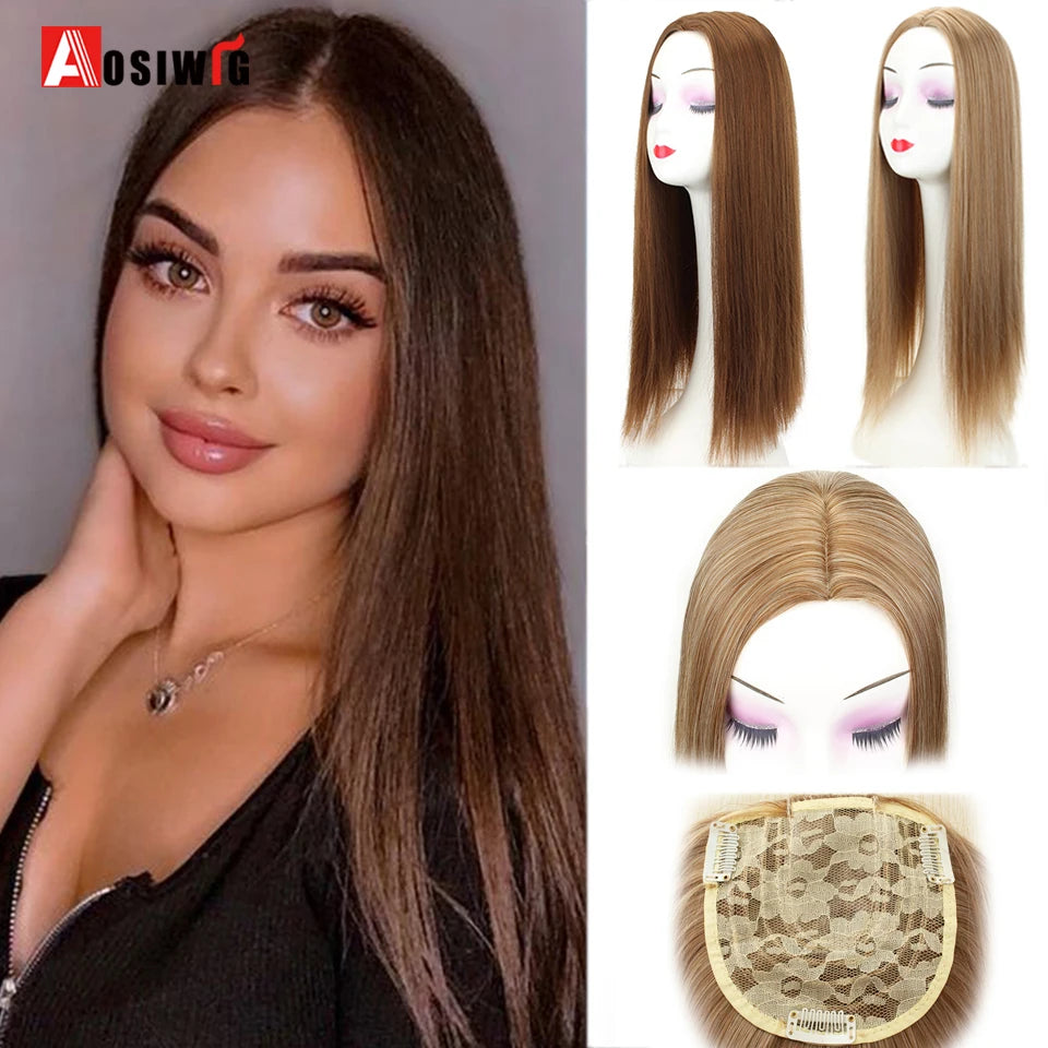 AOSIWIG Synthetic Long Straight Topper Closures Hairpiece Clip In Hair Extensions Cover White Hair Women Natural Fake Hairpiece