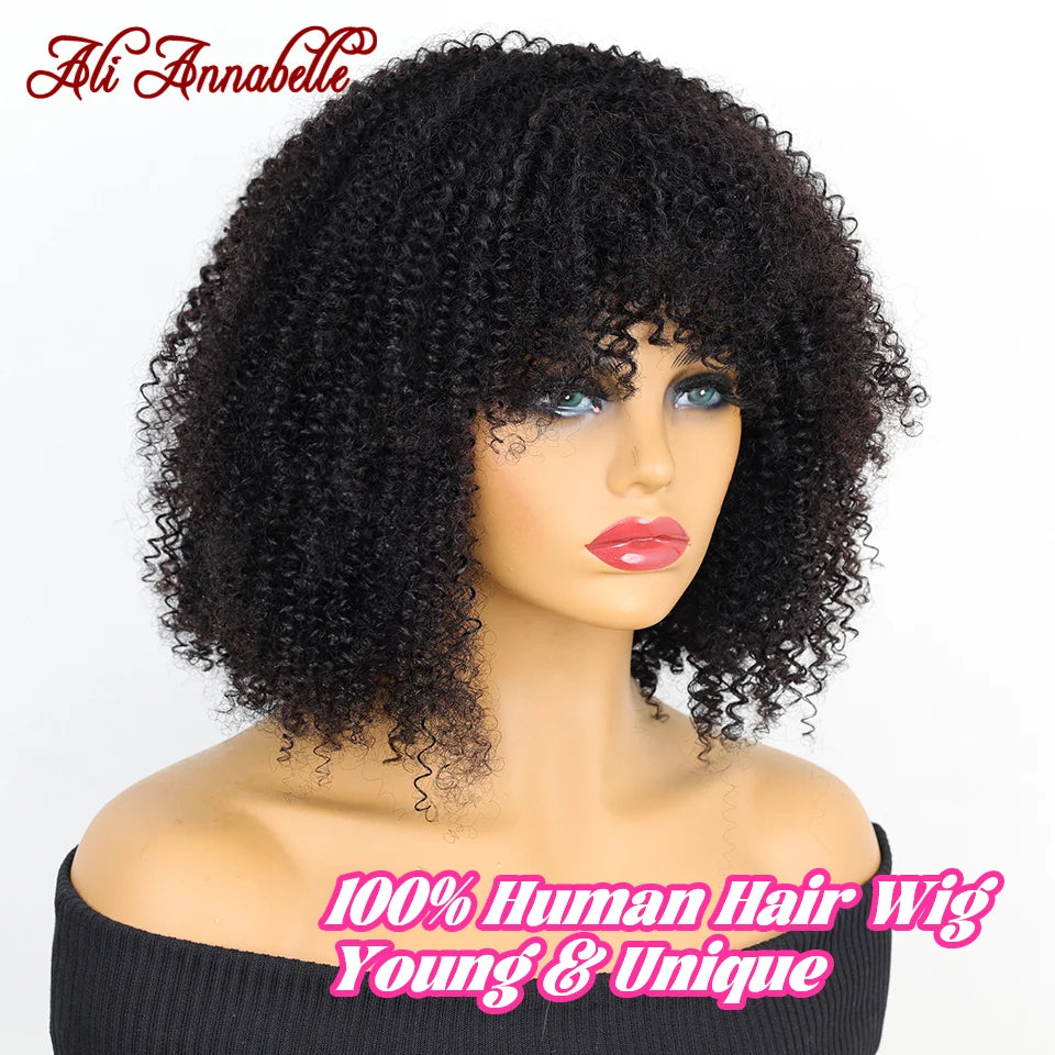 ALI ANNABELLE HAIR Curly Wigs With Bangs For Black Women Machine Made Wigs Kinky Curly 180% Brazilian Natural Color No Lace Wigs