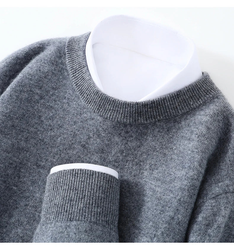 Autumn/Winter Men's 100% Pure Cashmere Pullover Business Casual Solid Knitted Sweater Loose Round Neck Tops Thick Warm Jumper