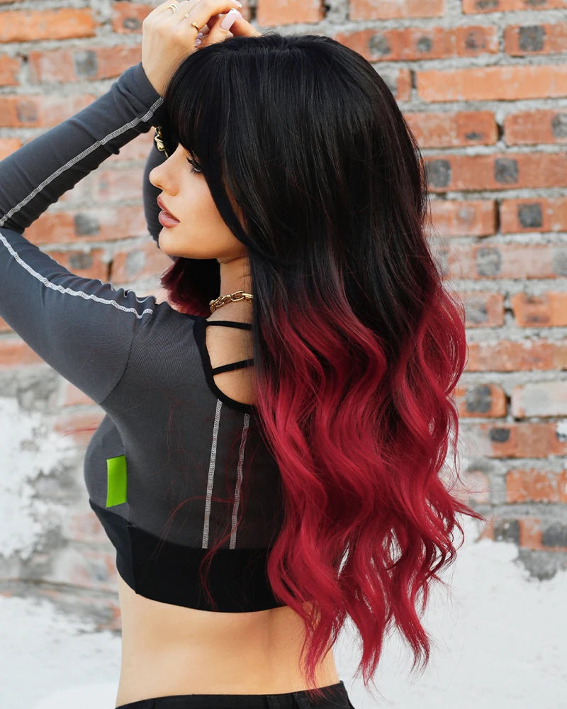 NAMM Long Wavy Ombre Black To Red Wig for Women Daily Cosplay Party Synthetic Lavender Hair Wig with Fluffy Bangs Heat Resistant