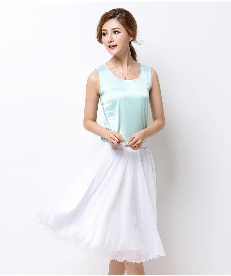 Summer Women Silk Tutu Skirts Chiffon Pleated Dance Beach Wedding Party Skirt Black White Elastic High Waist Midi Skirts