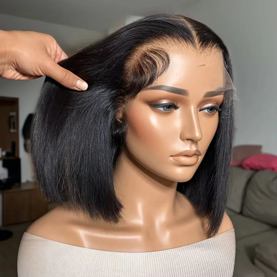 Short Bob Straight 13X4 Lace Front Wig Black Color Synthetic Wigs For Black Women Prepluck With Baby Hair Bleach Knots Glueless
