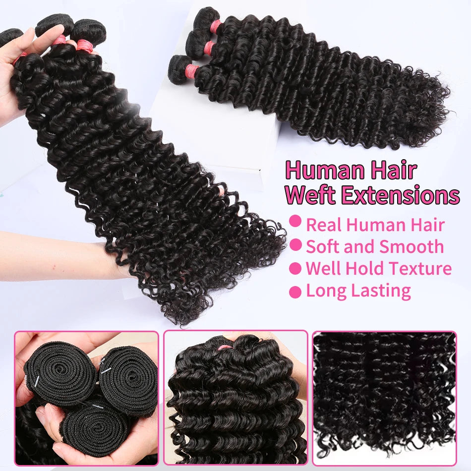 Luvin Deep Wave Human Hair Bundles 30 34 Inch Curly Hair Weaving Remy Unprocessed Tissage Double Weft Virgin Hair Extensions