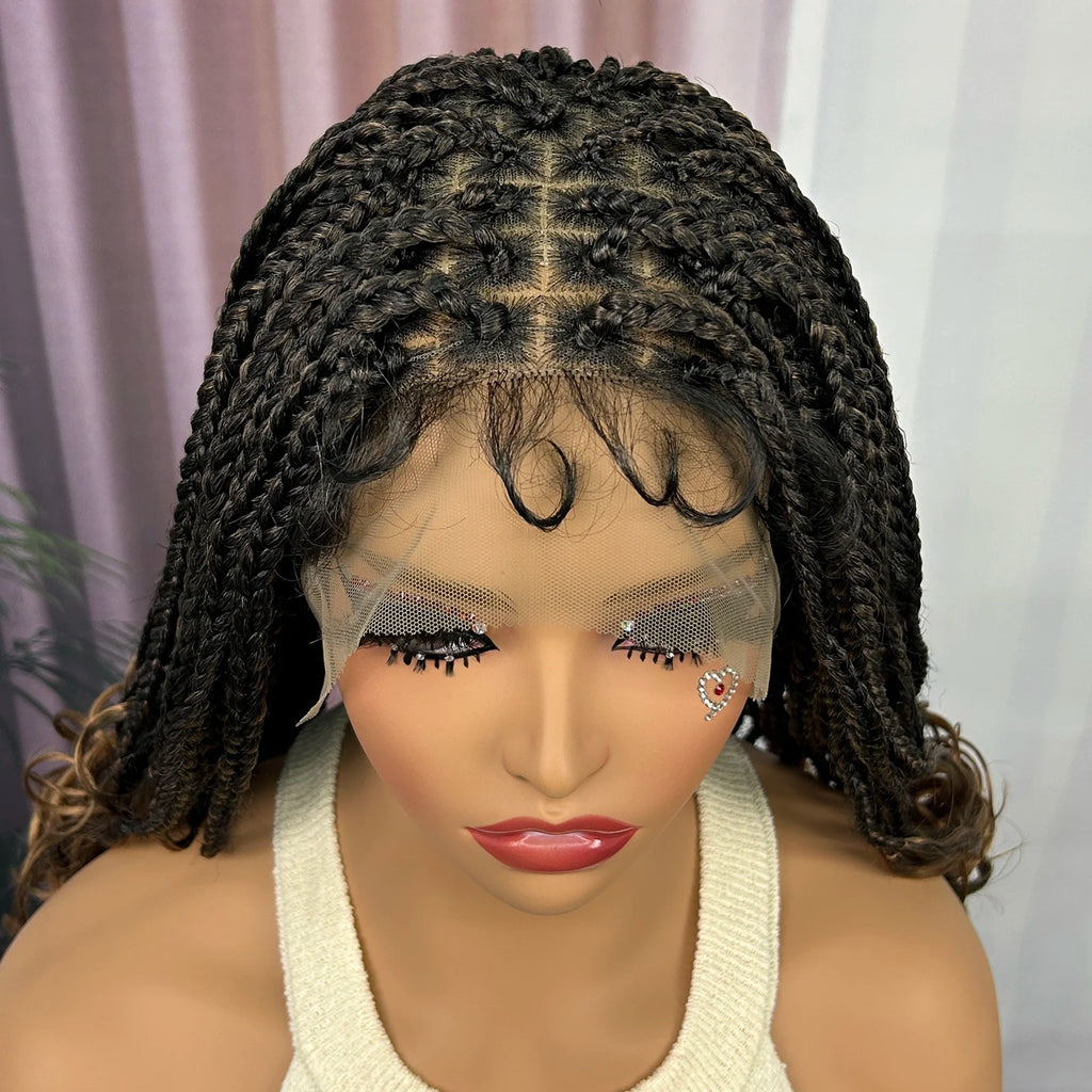 Ombre Synthetic Lace Front Square Knotless Box Braided Wig with Wavy Ends Lace Frontal Braids Wig with Baby Hair for Black Women