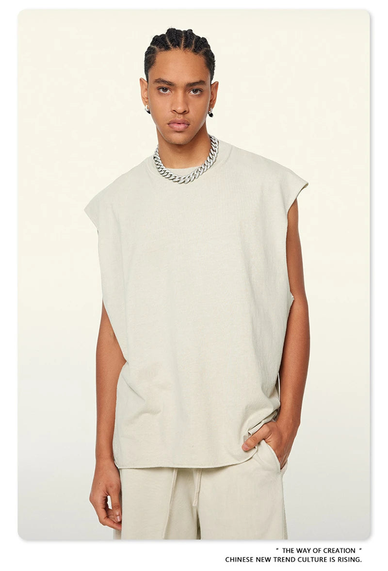 ZODF Vintage 2024 Washed 270gsm Cotton Tank Tops For Men Unisex Summer Relax Fit Slit Sleeveless Vest Streetwears HY0777