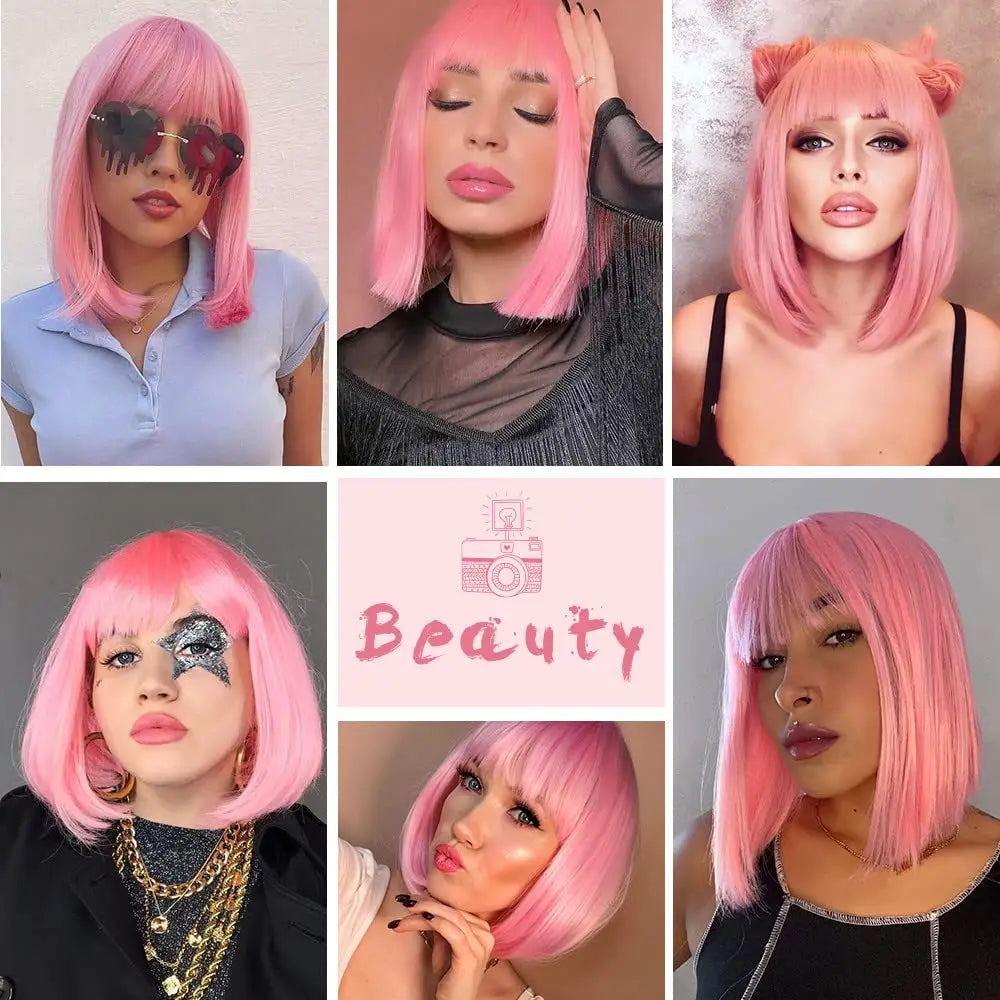 12-inch pink short straight hair synthetic wig for cosplay, pompadour hairstyle, daily high-temperature hair wig
