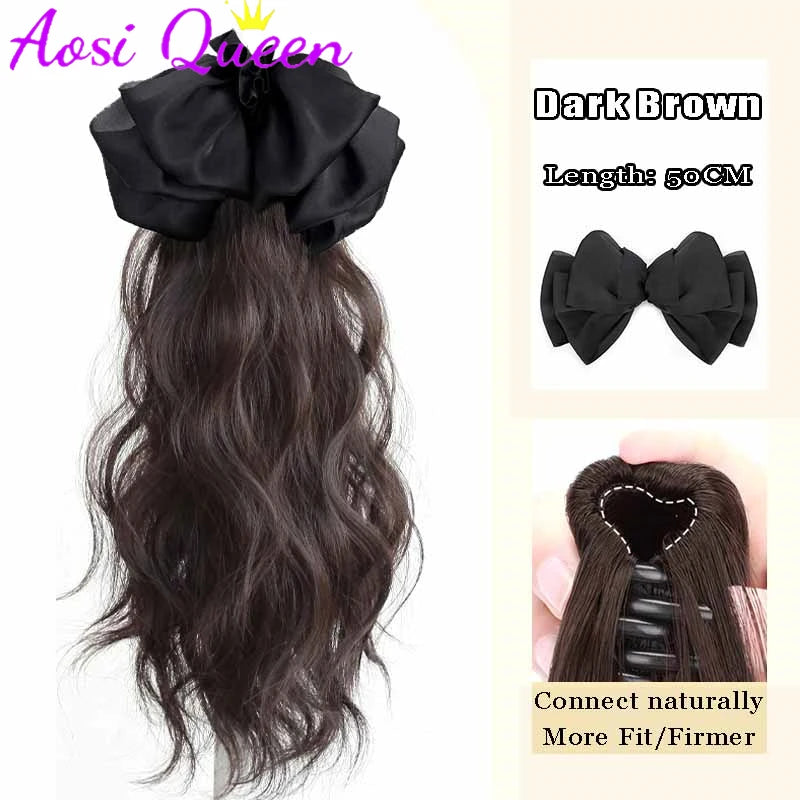 AOSI Synthetic Bow Wig Ponytail Female Clamping Style Long Straight Hair High Ponytail Long Hair Braided Straight Ponytail