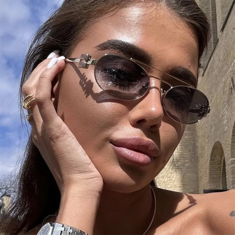 1PC Fashionable Metallic Double Beam Elliptical Sunglasses for Women New Versatile and Personalized Sunglasses for Spicy Girls