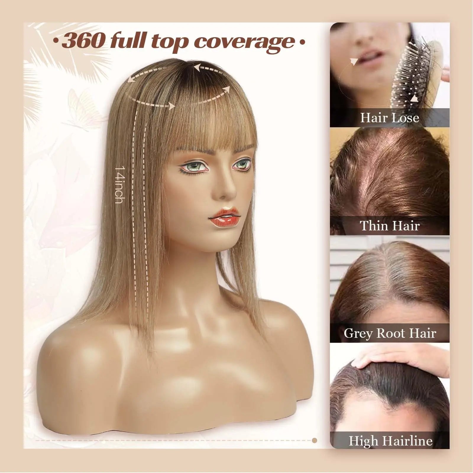 Ombre Brown Real Human Hair Toppers Wigs with Bangs Silk Base Clip Pieces 14inch Straight Topper Hairs for Women Hair Extension