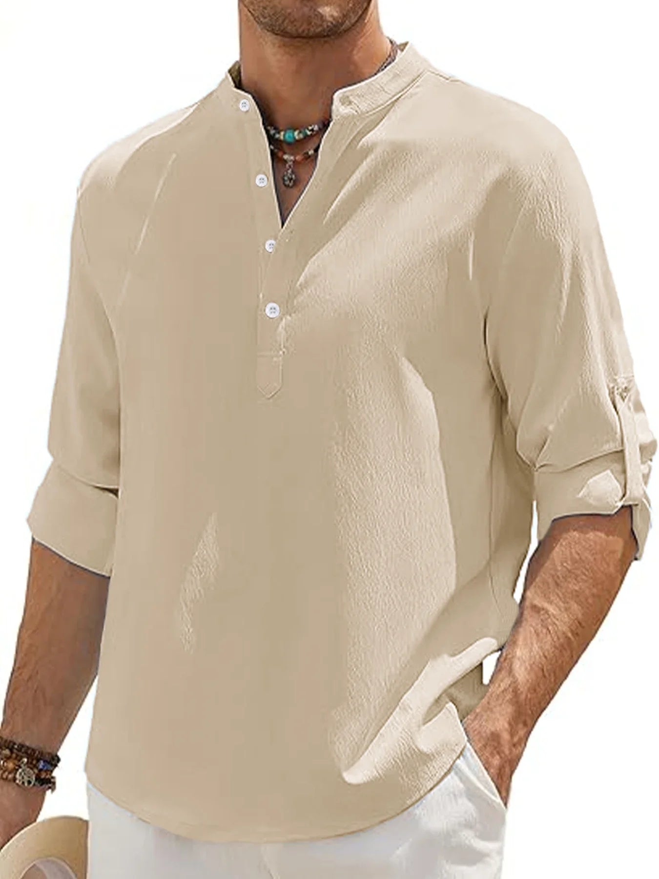 Men's Linen Shirt Summer 2025 Casual Short Sleeve Breathable Stand Collar Loose Fit Trendy Solid Color Youth Top with Pocket