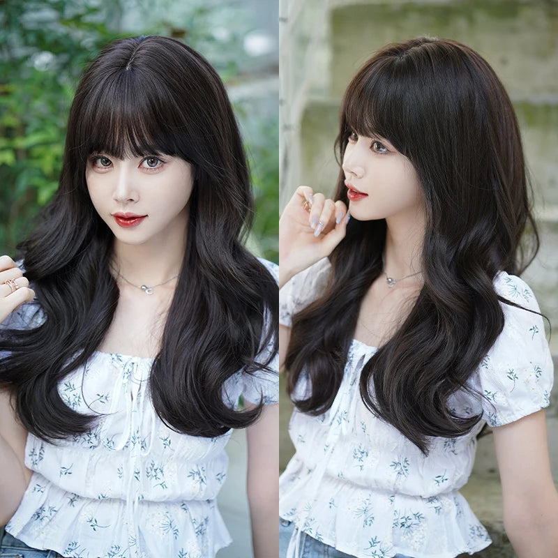 7JHH WIGS Body Wavy Wig Long Loose Curly Brown Wig for Women Daily Use High Density Synthetic Layered Hair Wigs with Bangs