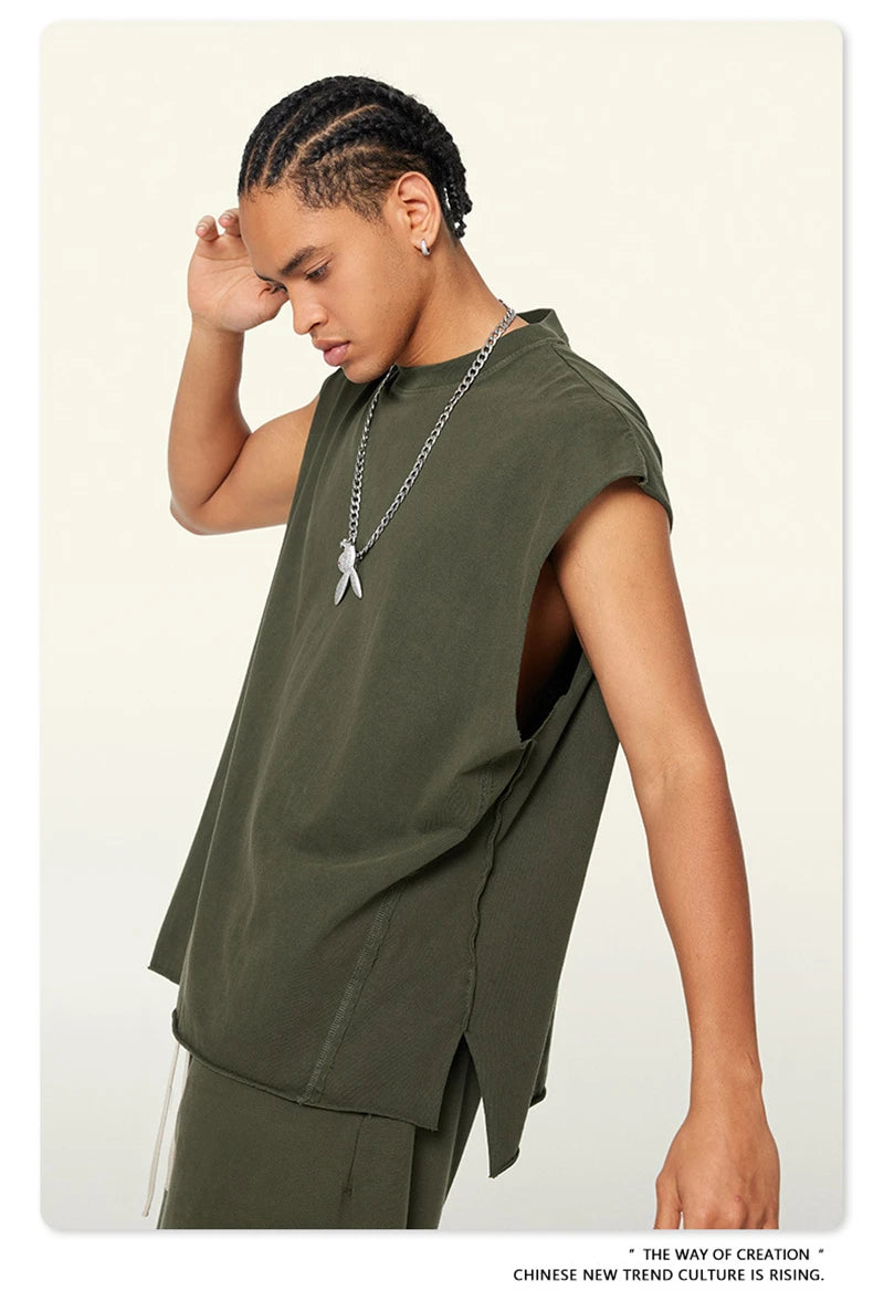 ZODF Vintage 2024 Washed 270gsm Cotton Tank Tops For Men Unisex Summer Relax Fit Slit Sleeveless Vest Streetwears HY0777