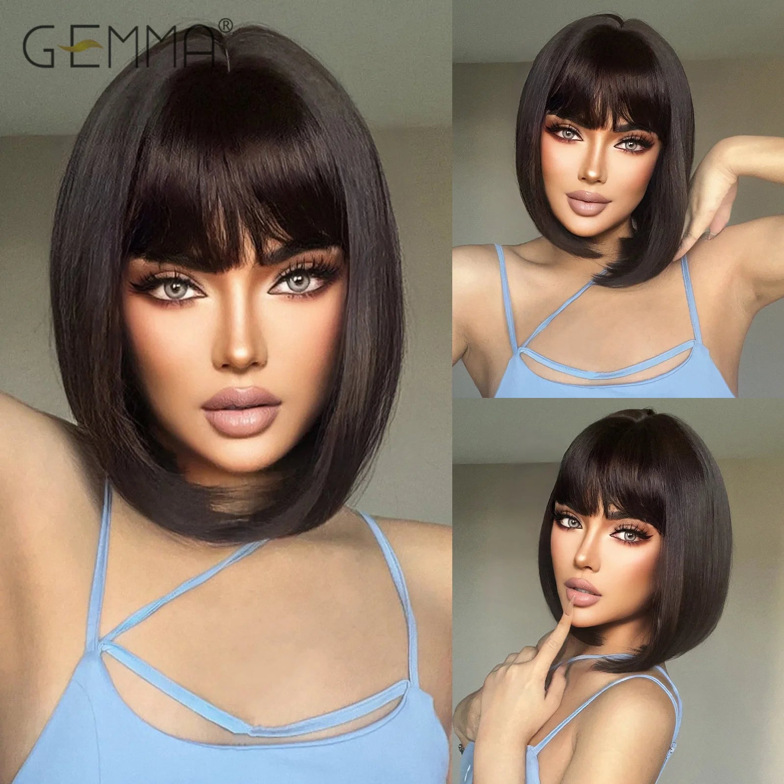 GEMMA Dark Brown Bob Synthetic Natural Hair Wig with Fluffy Bangs for Women Short Straight Wigs Heat Resistant Daily Cosplay Wig
