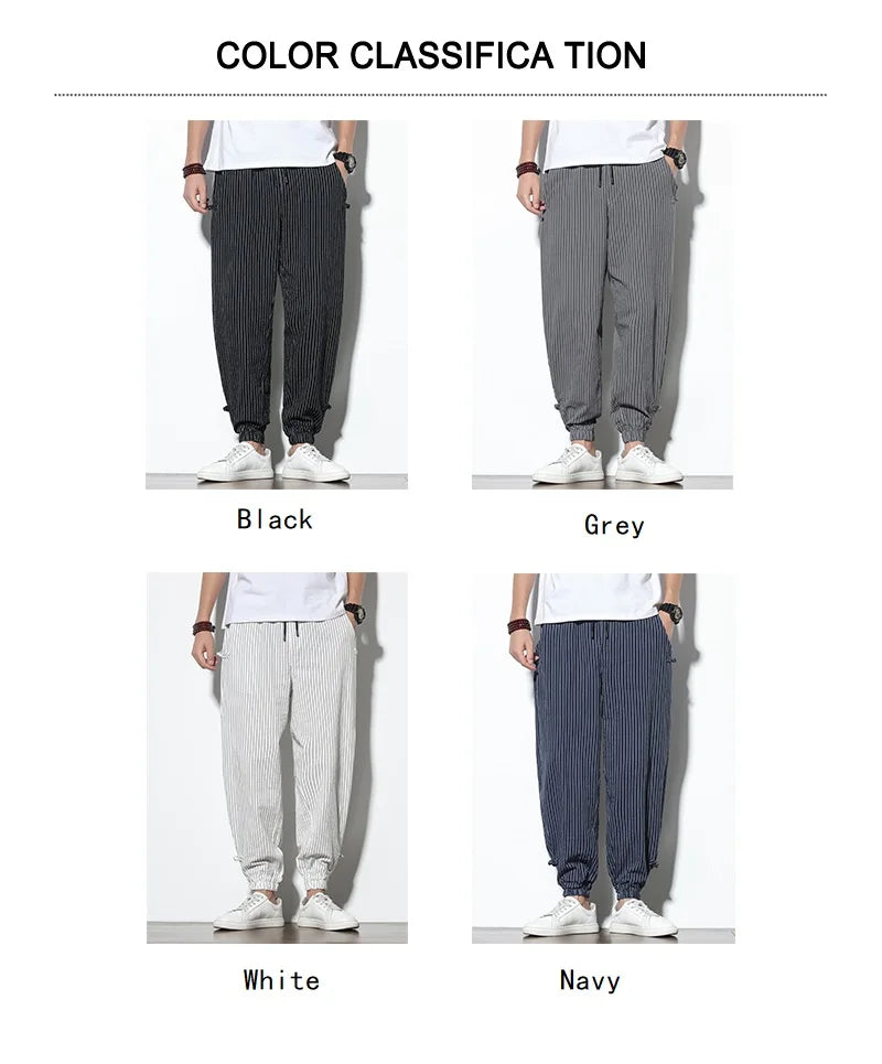 Spring Summer Disc Buckle Striped Harem Pants Mens Breathable Cotton Linen Pencil Pants Buckle Casual Bloomers Fashion Trousers