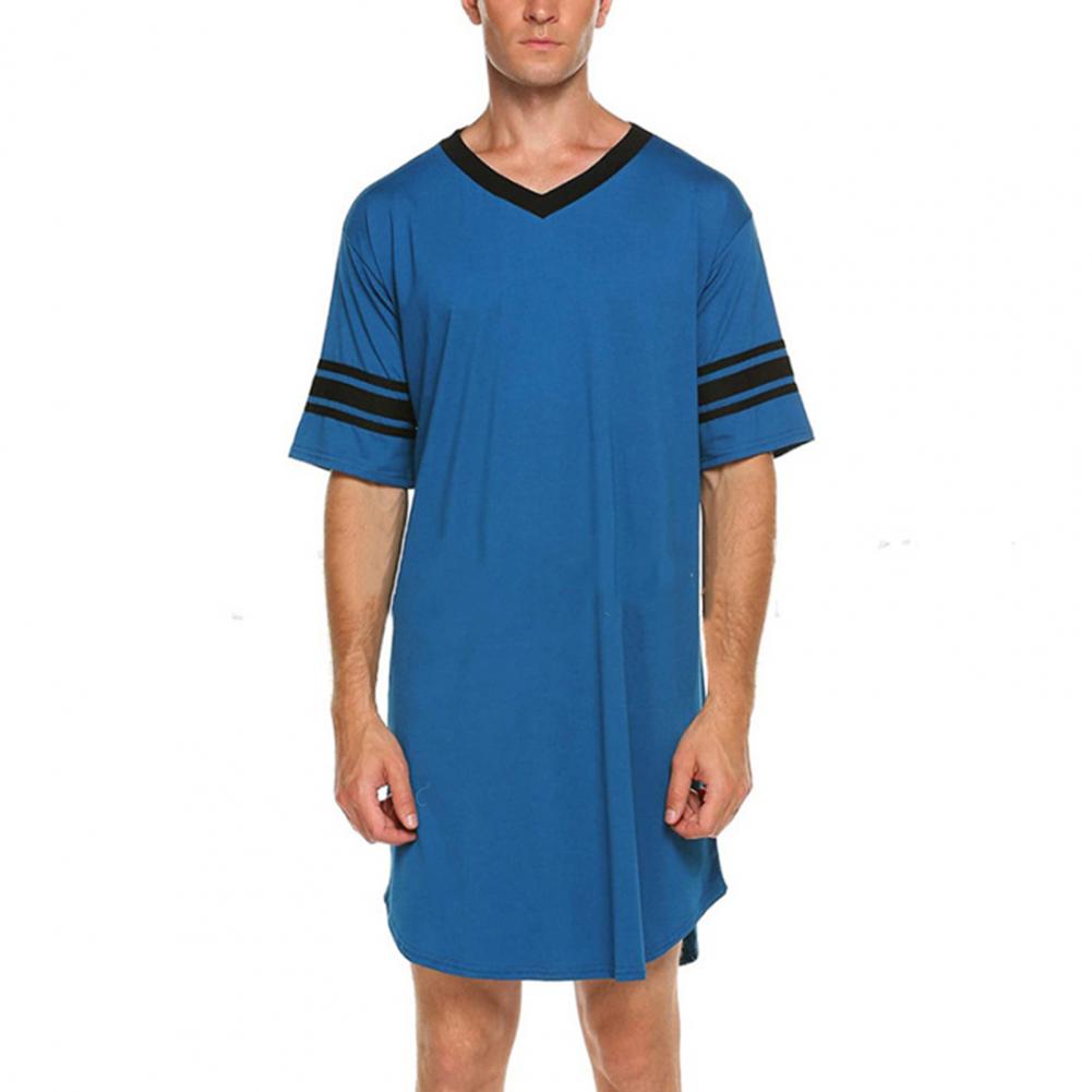 Men Summer Top Color Matching Men Loungewear Long Style Short Sleeve V Neck Home Clothes Striped Print Sleeping Clothes For Men