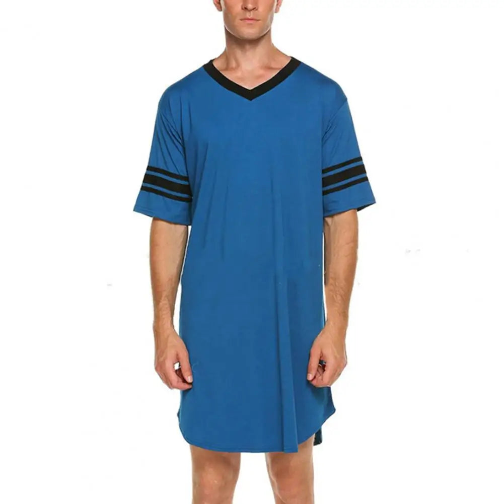 Men Summer Top Color Matching Men Loungewear Long Style Short Sleeve V Neck Home Clothes Striped Print Sleeping Clothes For Men