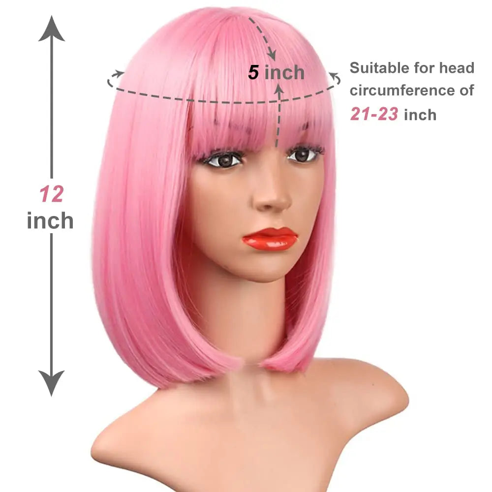 12-inch pink short straight hair synthetic wig for cosplay, pompadour hairstyle, daily high-temperature hair wig